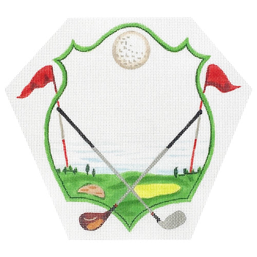Monogram Crest   Golf Green with Clubs & Flags Painted Canvas Kate Dickerson Needlepoint Collections 
