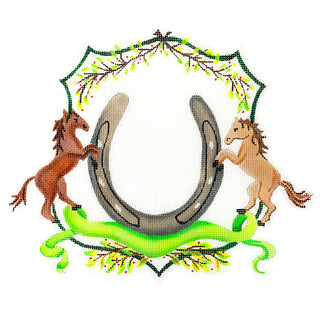 Monogram Crest   Horse Shoe, Horses & Greenery Painted Canvas Kate Dickerson Needlepoint Collections 

