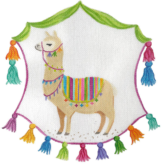 Monogram Crest - Llama with Blanket & Tassels Painted Canvas Kate Dickerson Needlepoint Collections 