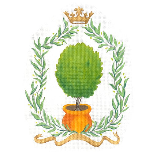 Monogram Crest - Olive Branches Topiary & Crown Painted Canvas Kate Dickerson Needlepoint Collections 