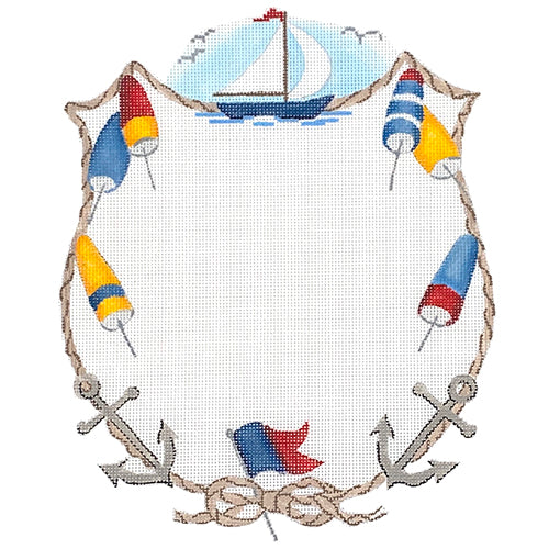 Monogram Crest   Sailboat, Anchors, Buoys & Rope Painted Canvas Kate Dickerson Needlepoint Collections 
