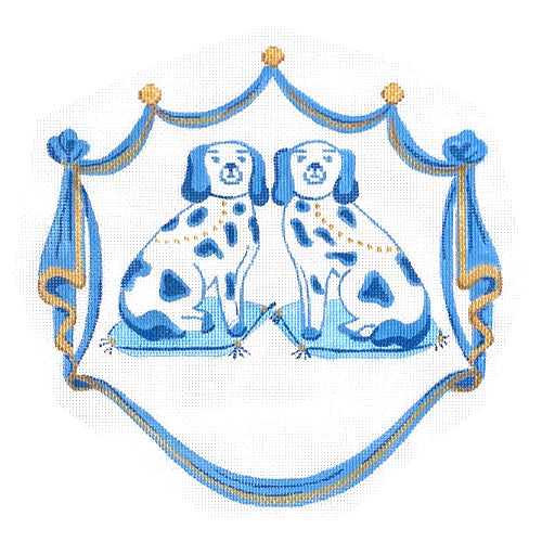 Monogram Crest - Staffordshire Dogs on Cushions in Blue, Gold & White Painted Canvas Kate Dickerson Needlepoint Collections 