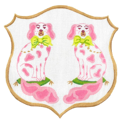 Monogram Crest - Staffordshire Dogs with Bows in Pink & Green Painted Canvas Kate Dickerson Needlepoint Collections 