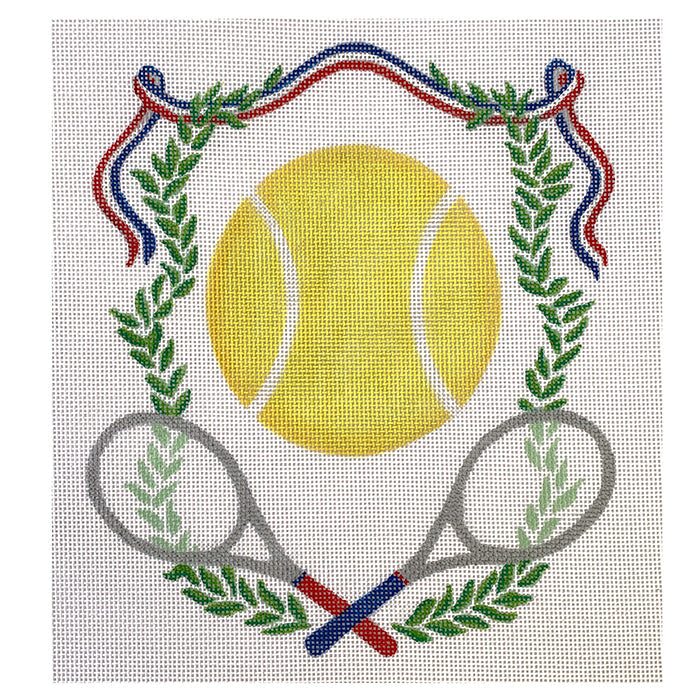 Monogram Crest - Tennis Rackets with Ball & Greenery Painted Canvas Kate Dickerson Needlepoint Collections 
