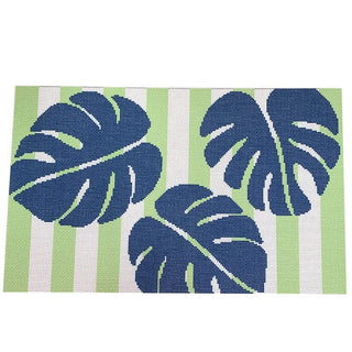 Monstera Stencil on Blue Bolster Printed Canvas Two Sisters Needlepoint 

