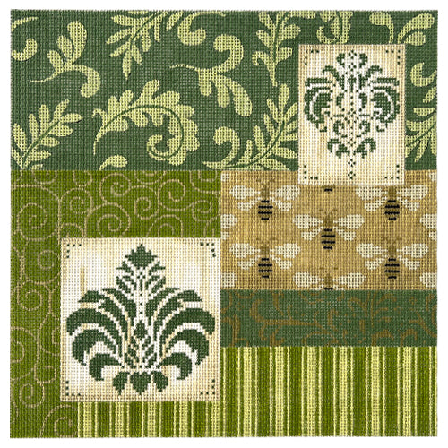 Moss Green Patchwork with Medallion & Bees Painted Canvas JP Needlepoint 