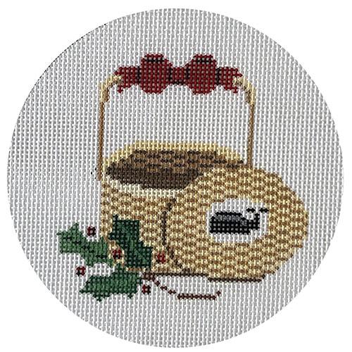 Nantucket Basket Ornament   Holly & Ribbon Handle, Lid to Side Painted Canvas CBK Needlepoint Collections  - 1