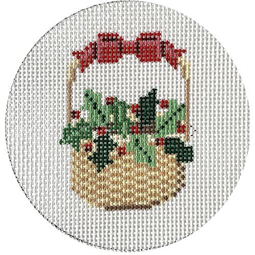 Nantucket Basket Ornament - Holly & Ribbon on Handle Painted Canvas CBK Needlepoint Collections 