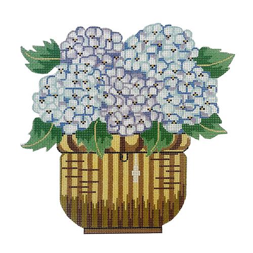 Nantucket Basket with Hydrangea Flowers Pillow Painted Canvas The Colonial Needle Company 
