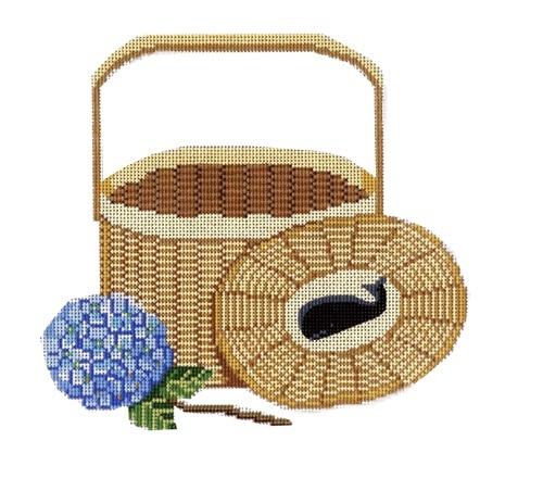 Nantucket Basket with Whale and Hydrangea Painted Canvas CBK Needlepoint Collections 