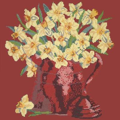 Narcissi Pot Needlepoint Kit Kits Elizabeth Bradley Design Dark Red 
