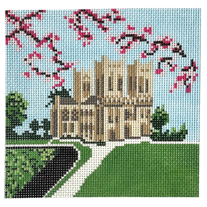 National Cathedral w Cherry Blossoms Pillow Painted Canvas Susan Battle Needlepoint 