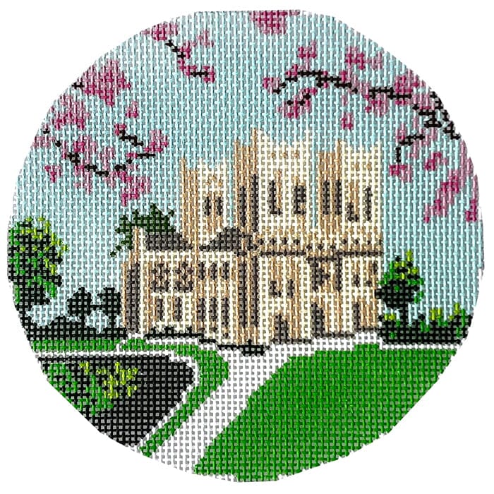 National Cathedral with Cherry Blossoms Painted Canvas Susan Battle Needlepoint 