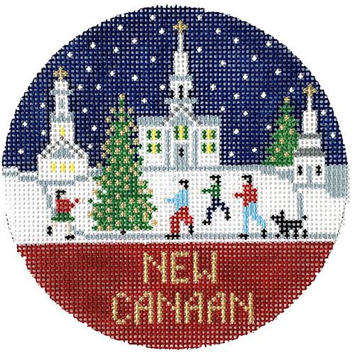 New Canaan CT Winter Round Painted Canvas Doolittle Stitchery 
