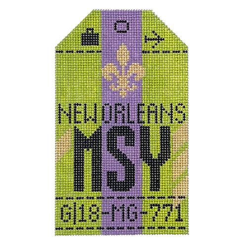 New Orleans MSY Vintage Travel Tag Painted Canvas Hedgehog Needlepoint 
