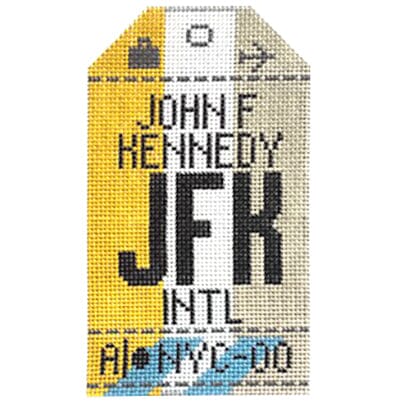 New York City JFK Vintage Travel Tag Painted Canvas Hedgehog Needlepoint 