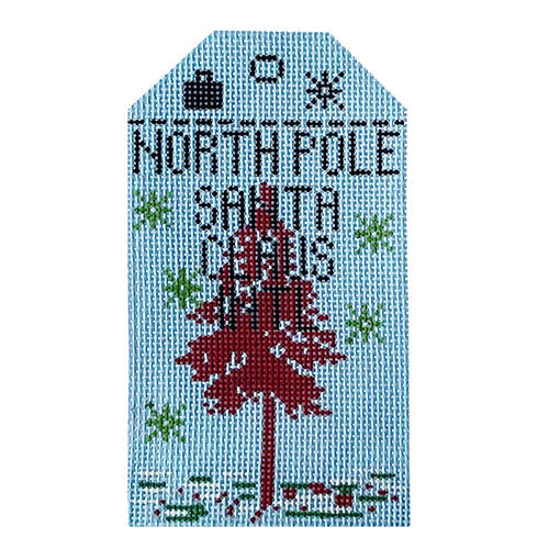 North Pole Vintage Travel Tag Painted Canvas Hedgehog Needlepoint 