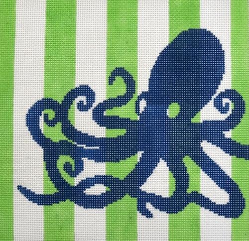 Octopus Stencil on Lime and White Stripe Painted Canvas Two Sisters Needlepoint  - 1