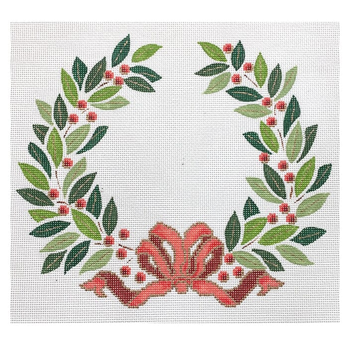 Olive Leaves Wreath with Coral Ribbon Painted Canvas CanvasWorks 