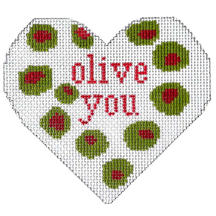 Olive You Heart Ornament Painted Canvas Susan Battle Needlepoint  - 1