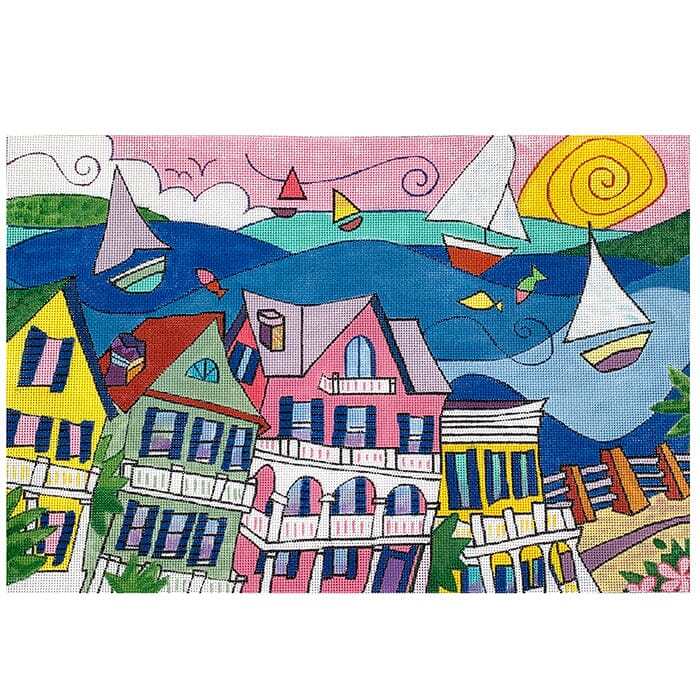 On the Harbor Painted Canvas Purple Palm Designs  - 1