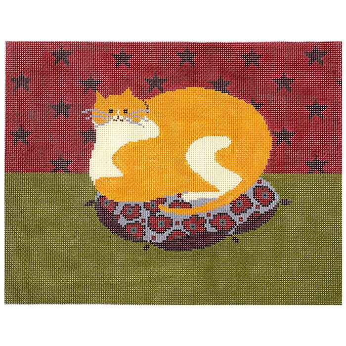 Orange Cat on Cushion Painted Canvas Cooper Oaks Design 
