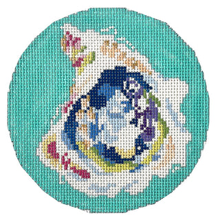 Oyster on Aqua Round Painted Canvas Two Sisters Needlepoint 
