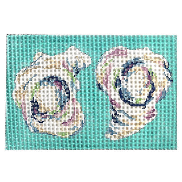 Oyster Pair on Aqua Clutch Painted Canvas Two Sisters Needlepoint 