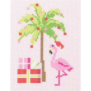 Palm Beach Christmas   Palm Tree & Flamingo Canvas Printed Canvas Needlepoint To Go 

