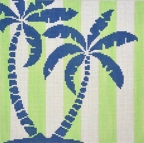Palm Tree on Lime Stripes Painted Canvas Two Sisters Needlepoint 