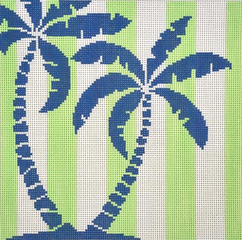Palm Tree on Lime Stripes Painted Canvas Two Sisters Needlepoint  - 1