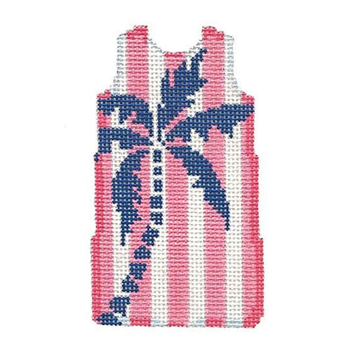 Palm Tree on Pink Stripes Mini Shift Painted Canvas Two Sisters Needlepoint 

