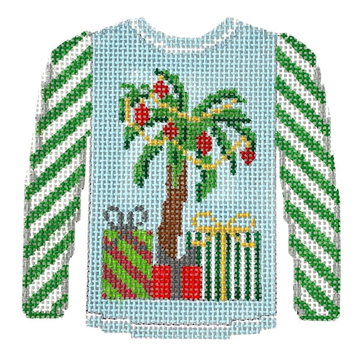 Palm Tree Sweater on Blue with Green Sleeves Painted Canvas Kristine Kingston 