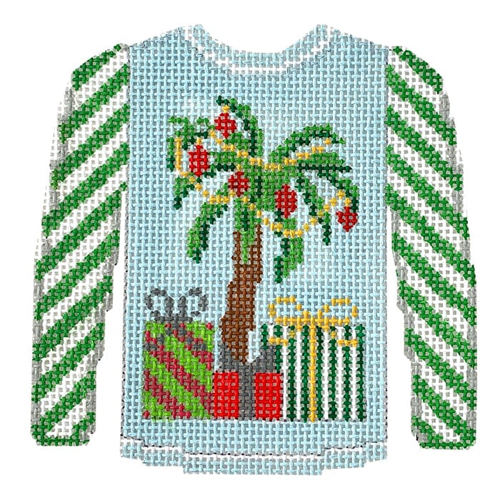 Palm Tree Sweater on Blue with Green Sleeves Painted Canvas Kristine Kingston  - 1
