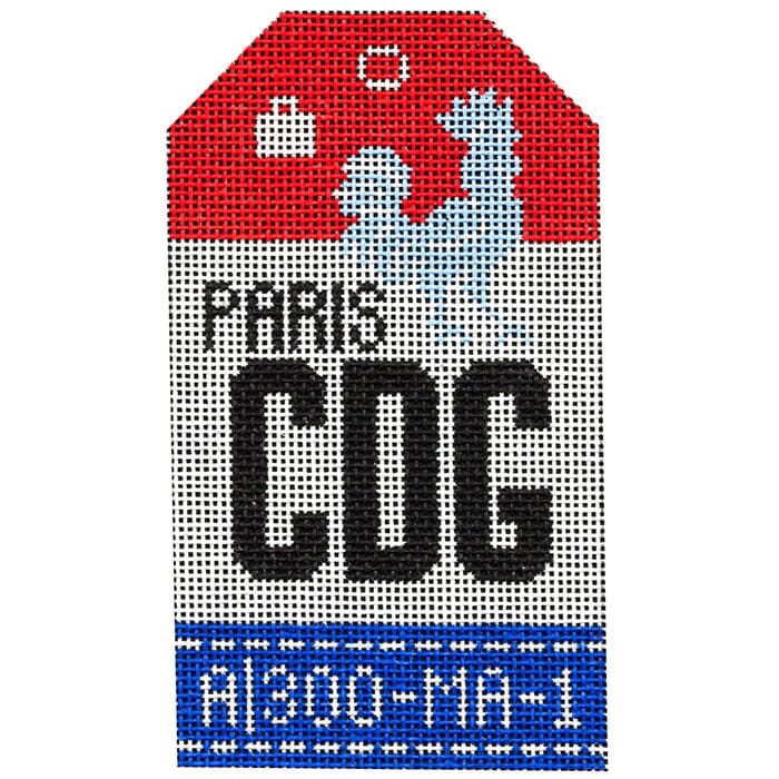 Paris CDG Vintage Travel Tag Painted Canvas Hedgehog Needlepoint 
