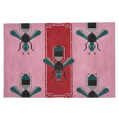 Parisian Bee Clutch in Pink & Red Painted Canvas Kimberly Ann Needlepoint 