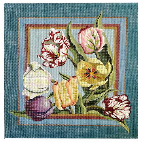 Parrot Tulips with Blue Border Painted Canvas All About Stitching/The Collection Design 