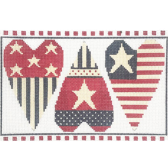 Patriotic Hearts Row of 3 Painted Canvas NeedleDeeva 