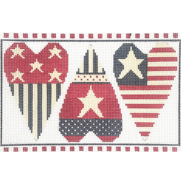 Patriotic Hearts Row of 3 Painted Canvas NeedleDeeva  - 1