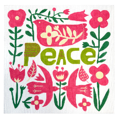 Peace with Doves & Flowers in Pink & Green Painted Canvas Kate Dickerson Needlepoint Collections 