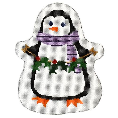 Penguin Holly Painted Canvas Two Sisters Needlepoint 
