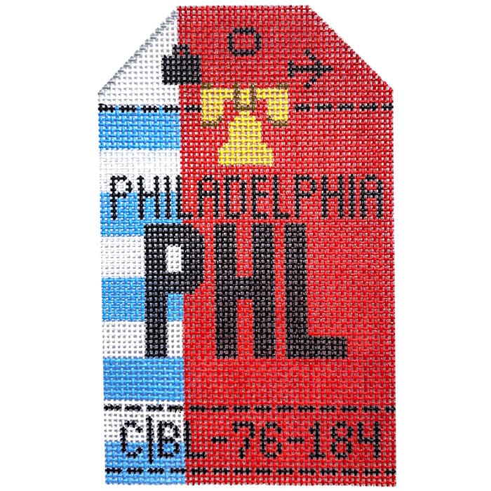 Philadelphia PHL Vintage Travel Tag Painted Canvas Hedgehog Needlepoint 