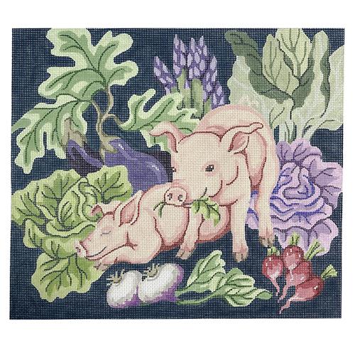 Pigs in the Garden Pillow Painted Canvas Silver Needle 