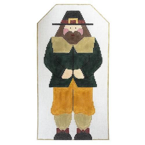 Pilgrim Man w/ Pumpkin Button w/ Stitch Guide Painted Canvas Kathy Schenkel Designs 