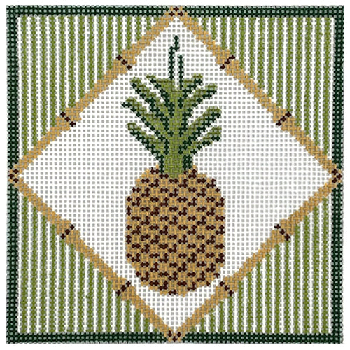 Pineapple Coaster on Green Stripes Painted Canvas Tina Griffin Designs 