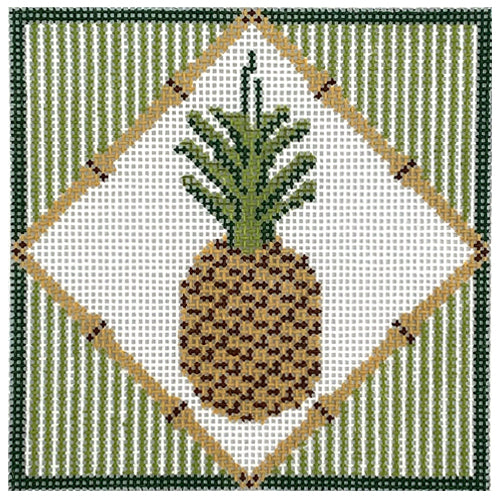 Pineapple Coaster on Green Stripes Painted Canvas Tina Griffin Designs  - 1