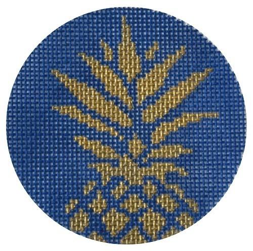 Pineapple Stencil / Navy Round Painted Canvas Two Sisters Needlepoint 