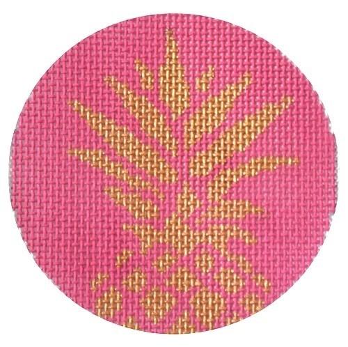 Pineapple Stencil / Pink 3" Round Painted Canvas Two Sisters Needlepoint  - 1