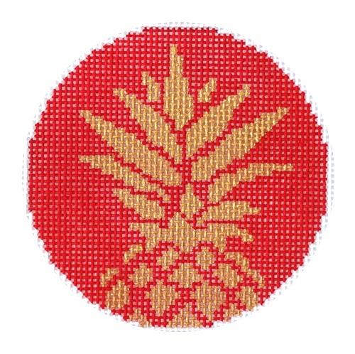 Pineapple Stencil / Red 3" Round Painted Canvas Two Sisters Needlepoint 