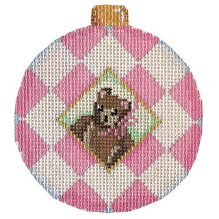 Pink Bear Harlequin Ball Ornament Painted Canvas Associated Talents 
